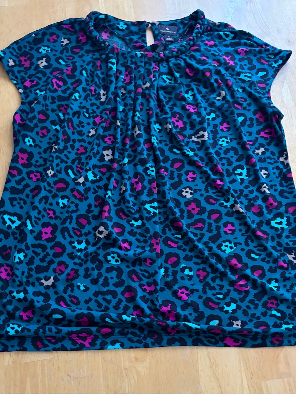 Worthington Teal Leopard Print Top with Pink Accents